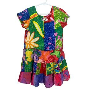 Jams World Girls Freckle Dress S Colorful Floral Patchwork Drop Waist Rayon